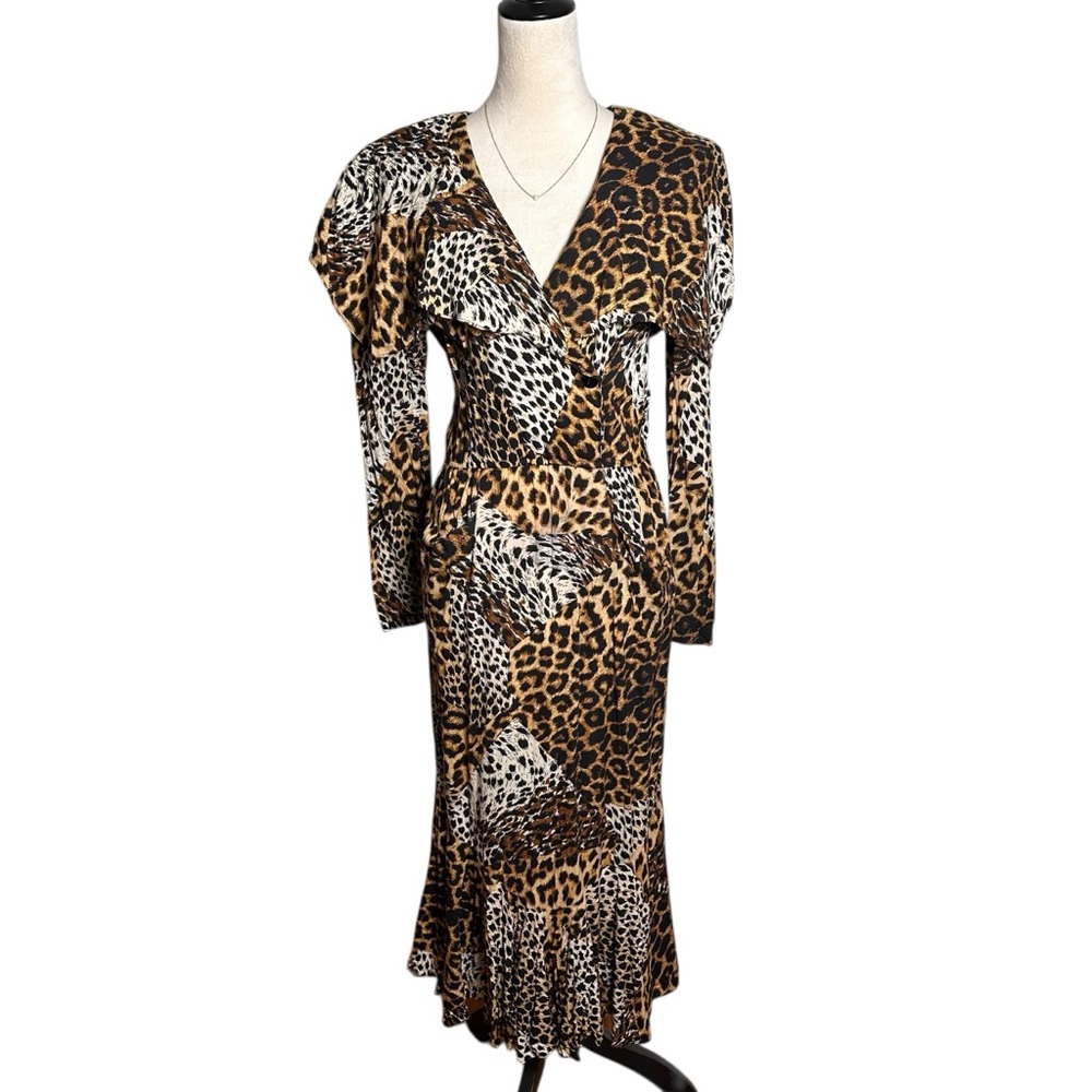 80s Vintage Choon‎ California Mixed Patchwork Leopard Print Retro Midi Dress M